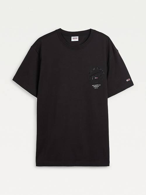 Black Tommy Hilfiger Metallic Tonal Logo Organic Cotton Men's T Shirts | TH512VUC