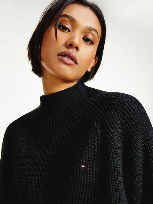 Black Tommy Hilfiger Mock Turtleneck Organic Cotton Knit Jumper Women's Sweaters | TH358KAJ