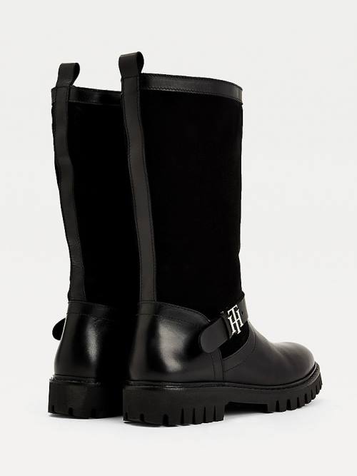 Black Tommy Hilfiger Monogram Buckle Leather Cleat Women's Boots | TH502YTM