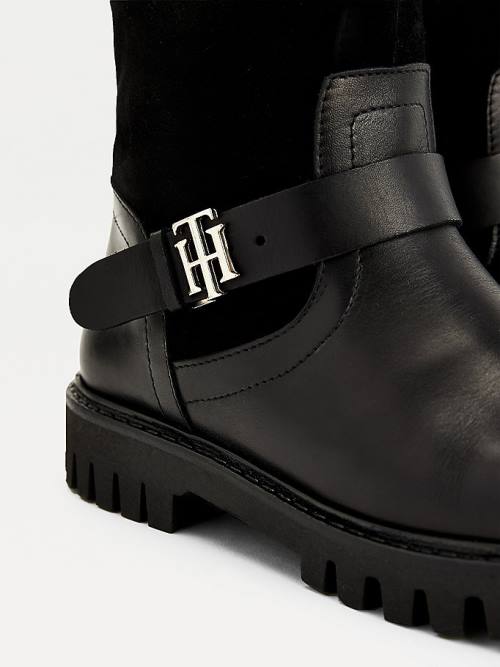 Black Tommy Hilfiger Monogram Buckle Leather Cleat Women's Boots | TH502YTM