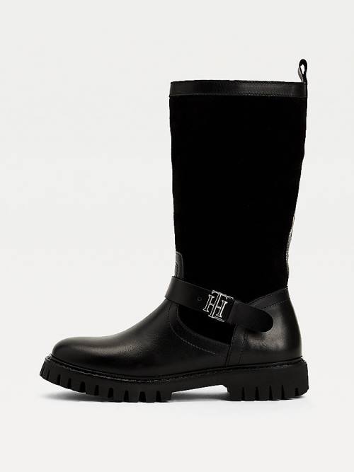 Black Tommy Hilfiger Monogram Buckle Leather Cleat Women's Boots | TH502YTM