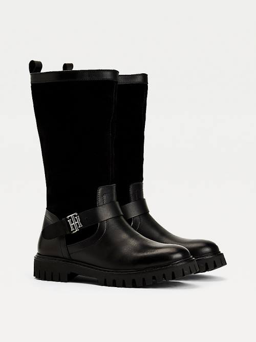 Black Tommy Hilfiger Monogram Buckle Leather Cleat Women\'s Boots | TH502YTM