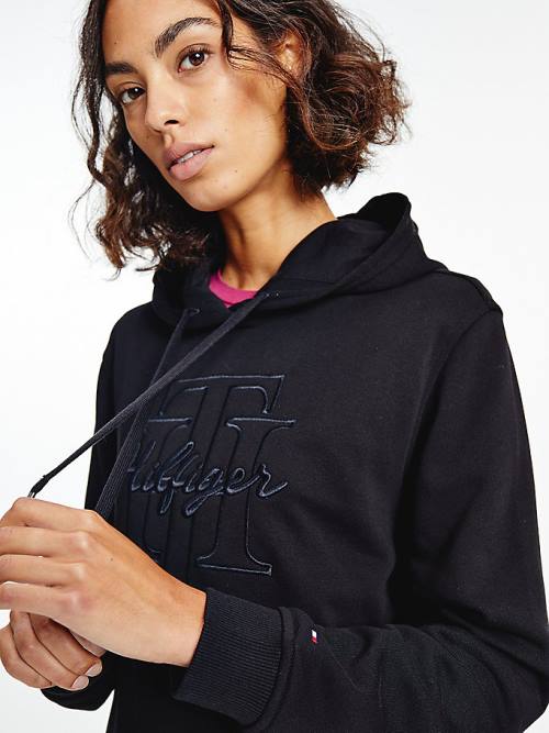 Black Tommy Hilfiger Monogram Embroidery Regular Fit Women's Hoodie | TH813YPX