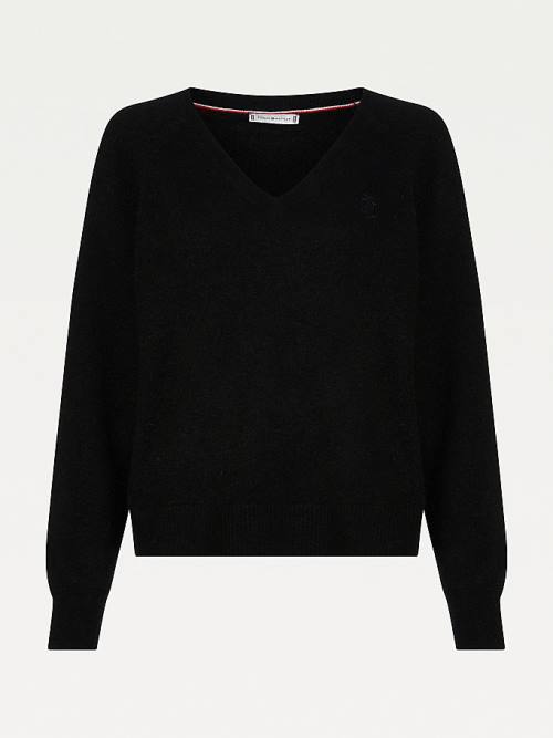 Black Tommy Hilfiger Monogram Embroidery Relaxed Fit V-Neck Jumper Women's Sweaters | TH815YGB