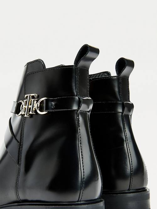 Black Tommy Hilfiger Monogram Horsebit Leather Ankle Women's Boots | TH154ETR