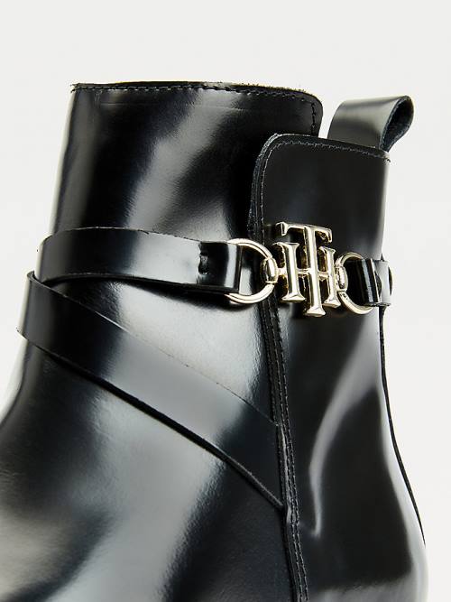 Black Tommy Hilfiger Monogram Horsebit Leather Ankle Women's Boots | TH154ETR