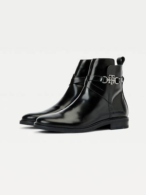 Black Tommy Hilfiger Monogram Horsebit Leather Ankle Women's Boots | TH154ETR