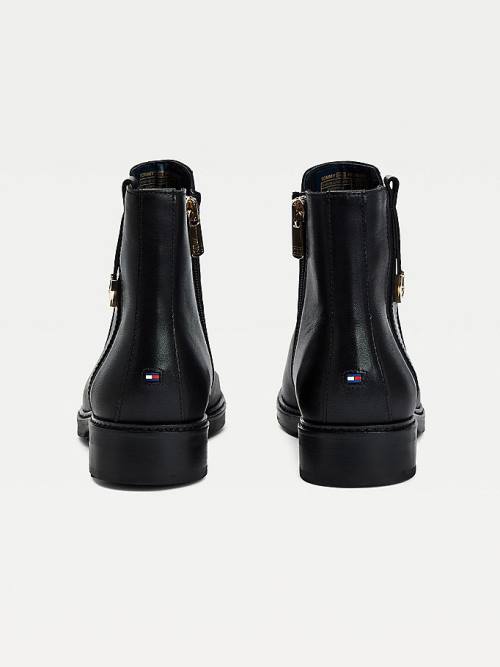 Black Tommy Hilfiger Monogram Plaque Flat Leather Ankle Women's Boots | TH759QIM