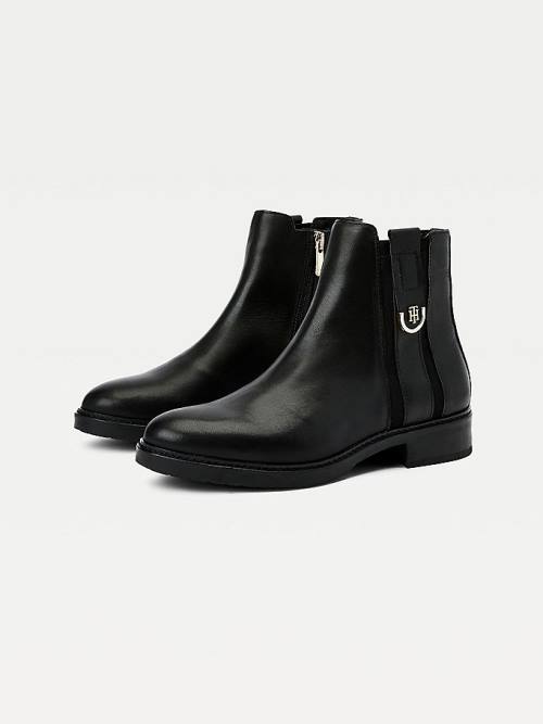 Black Tommy Hilfiger Monogram Plaque Flat Leather Ankle Women's Boots | TH759QIM