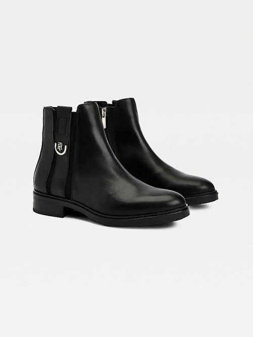 Black Tommy Hilfiger Monogram Plaque Flat Leather Ankle Women\'s Boots | TH759QIM