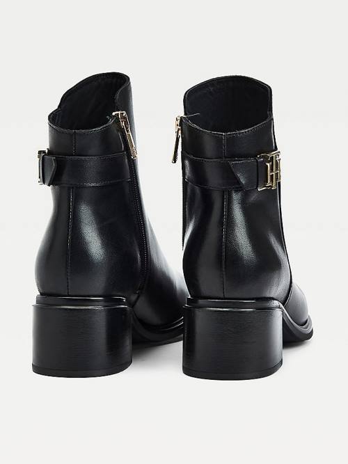 Black Tommy Hilfiger Monogram Plaque Leather Ankle Women's Boots | TH310OLN