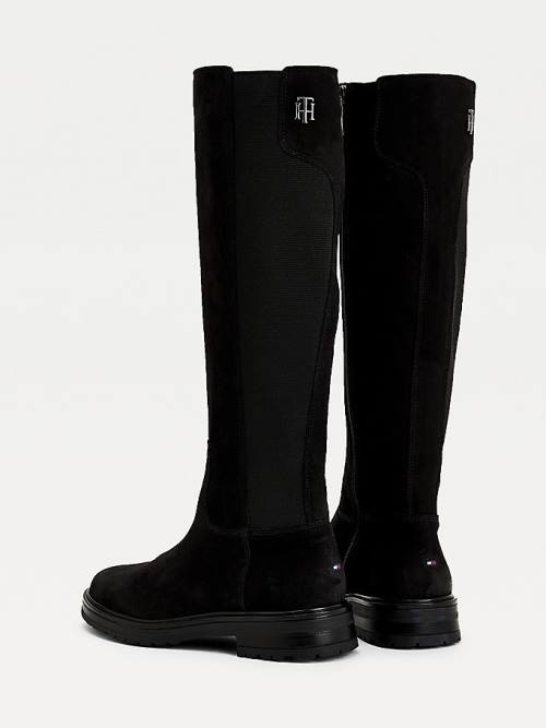 Black Tommy Hilfiger Monogram Plaque Long Leather Women's Boots | TH947TPA