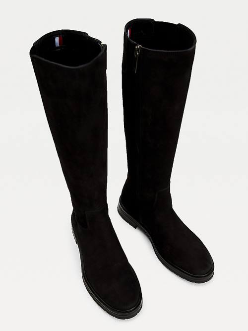 Black Tommy Hilfiger Monogram Plaque Long Leather Women's Boots | TH947TPA