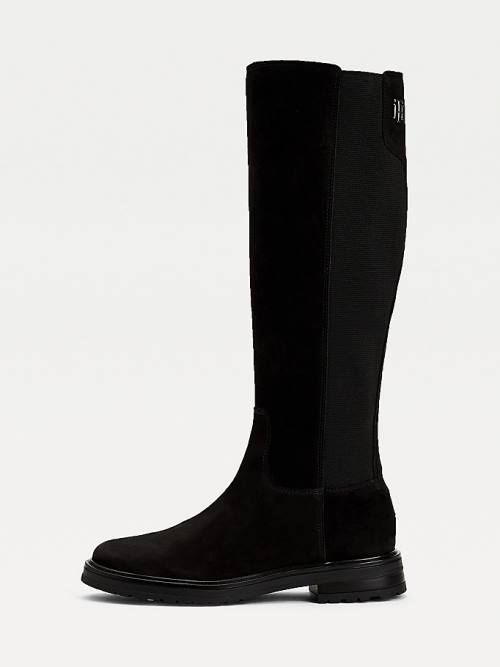 Black Tommy Hilfiger Monogram Plaque Long Leather Women's Boots | TH947TPA