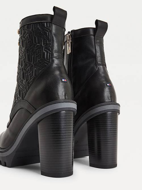 Black Tommy Hilfiger Monogram Quilted High Heel Leather Women's Boots | TH960SXU