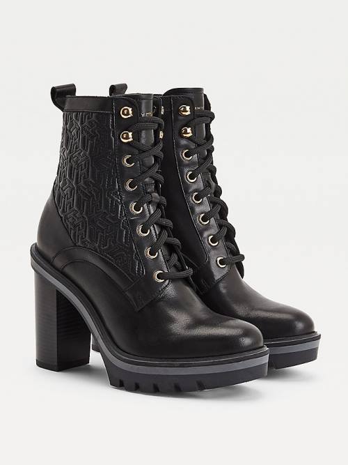 Black Tommy Hilfiger Monogram Quilted High Heel Leather Women\'s Boots | TH960SXU