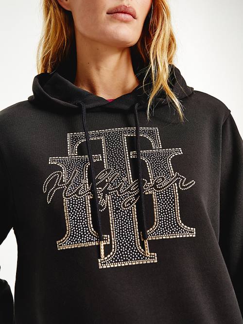 Black Tommy Hilfiger Organic Cotton Crystal Monogram Women's Hoodie | TH846ERW