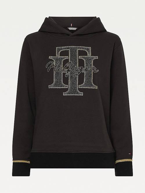 Black Tommy Hilfiger Organic Cotton Crystal Monogram Women's Hoodie | TH846ERW