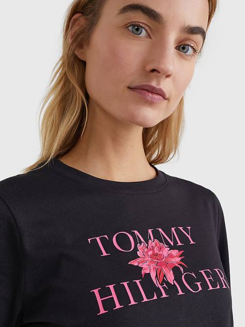 Black Tommy Hilfiger Organic Cotton Floral Print Women's T Shirts | TH185QWD