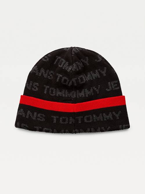 Black Tommy Hilfiger Organic Cotton Logo Print Beanie Men's Hats | TH063WCP