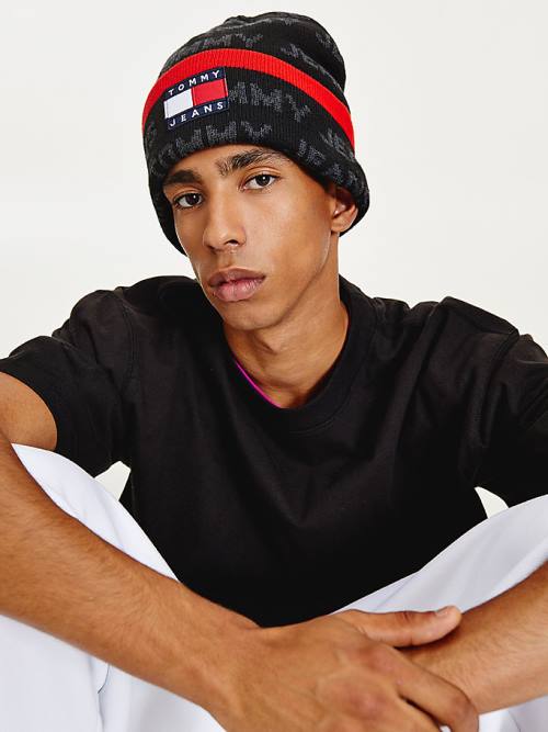 Black Tommy Hilfiger Organic Cotton Logo Print Beanie Men's Hats | TH063WCP