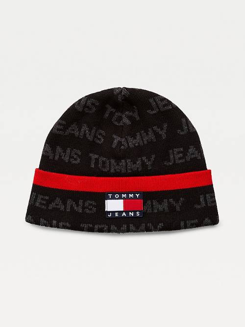 Black Tommy Hilfiger Organic Cotton Logo Print Beanie Men\'s Hats | TH063WCP