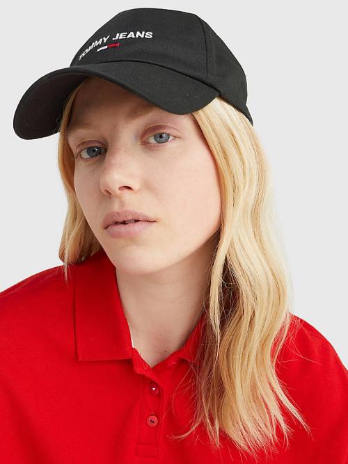 Black Tommy Hilfiger Organic Cotton Logo Embroidery Cap Women's Hats | TH635JHB