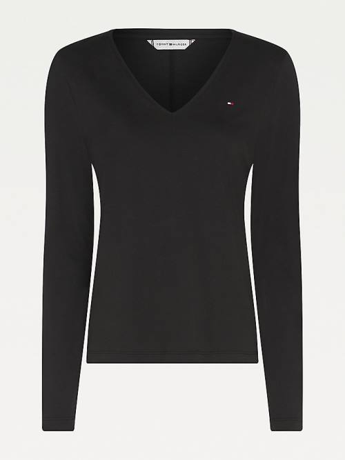 Black Tommy Hilfiger Organic Cotton Long Sleeve V-Neck Women's T Shirts | TH036VYR