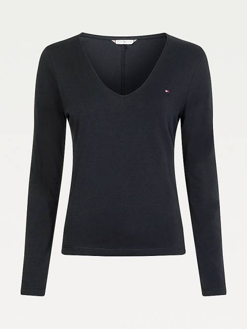 Black Tommy Hilfiger Organic Cotton Long Sleeve V-Neck Women's T Shirts | TH036VYR