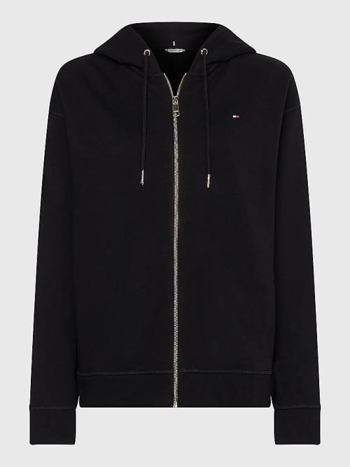 Black Tommy Hilfiger Organic Cotton Relaxed Fit Zip-Thru Women's Hoodie | TH089MQC