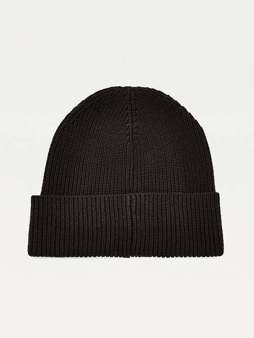 Black Tommy Hilfiger Organic Cotton Rib-Knit Badge Beanie Women's Hats | TH631WCK