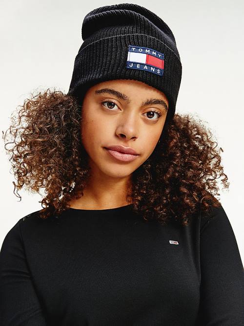 Black Tommy Hilfiger Organic Cotton Rib-Knit Badge Beanie Women's Hats | TH631WCK