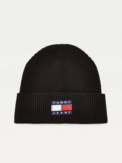 Black Tommy Hilfiger Organic Cotton Rib-Knit Badge Beanie Women\'s Hats | TH631WCK