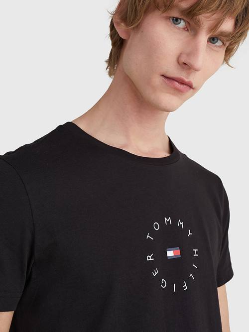 Black Tommy Hilfiger Organic Cotton Round Logo Men's T Shirts | TH649NDB