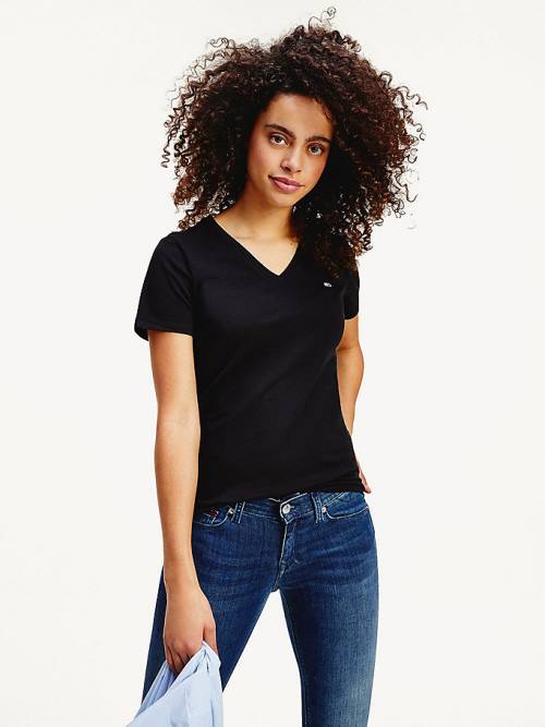 Black Tommy Hilfiger Organic Cotton Skinny Fit V-Neck Women's T Shirts | TH482BQS