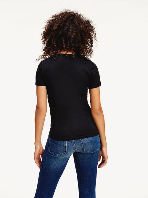 Black Tommy Hilfiger Organic Cotton Skinny Fit V-Neck Women's T Shirts | TH482BQS