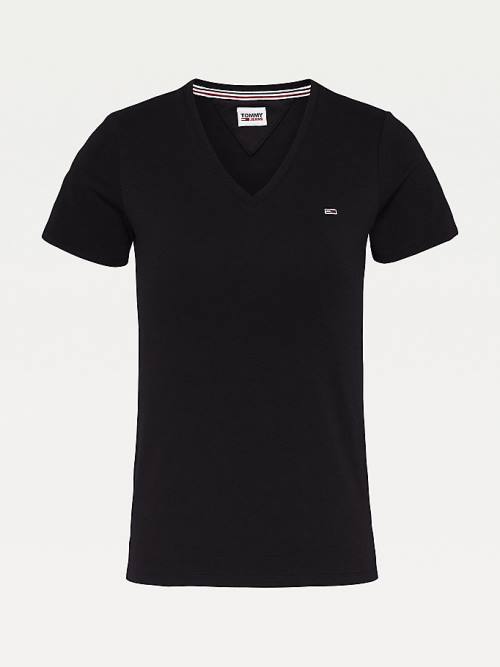 Black Tommy Hilfiger Organic Cotton Skinny Fit V-Neck Women's T Shirts | TH482BQS