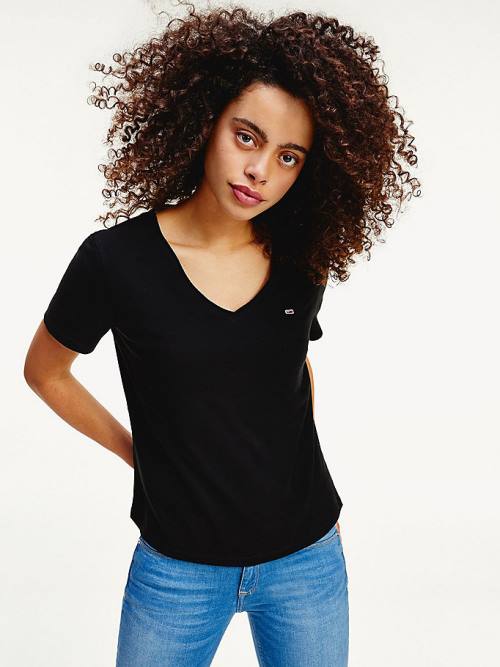 Black Tommy Hilfiger Organic Cotton V-Neck Slim Fit Women's T Shirts | TH341FOH