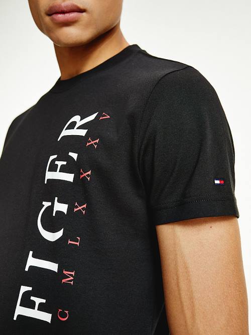 Black Tommy Hilfiger Organic Cotton Vertical Logo Men's T Shirts | TH695SNG