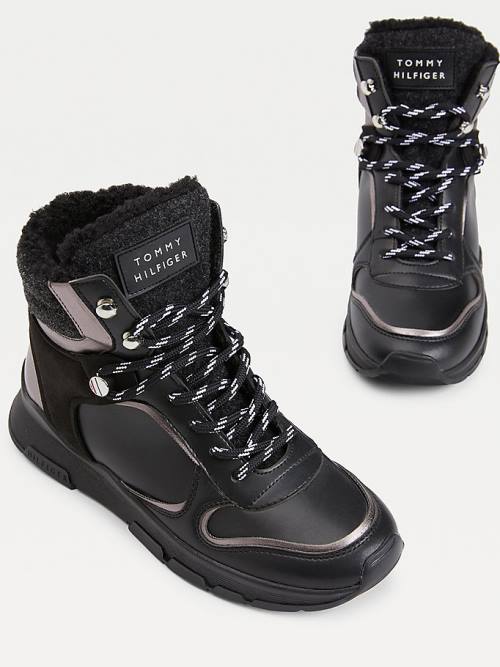 Black Tommy Hilfiger Outdoor Mixed Texture Women's Boots | TH683KRS