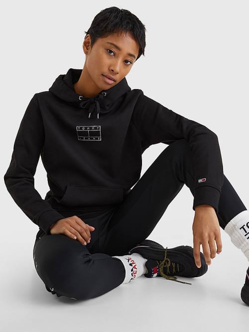 Black Tommy Hilfiger Outline Flag Women's Hoodie | TH630WLZ