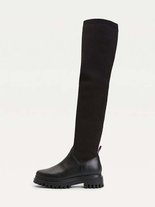 Black Tommy Hilfiger Over-Knee Cleat Pull-On Women's Boots | TH527AJM