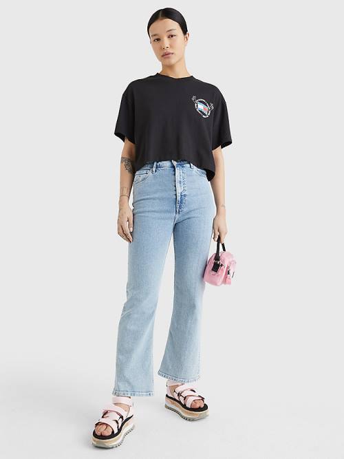 Black Tommy Hilfiger Oversized Cropped Slogan Women's T Shirts | TH465GBU