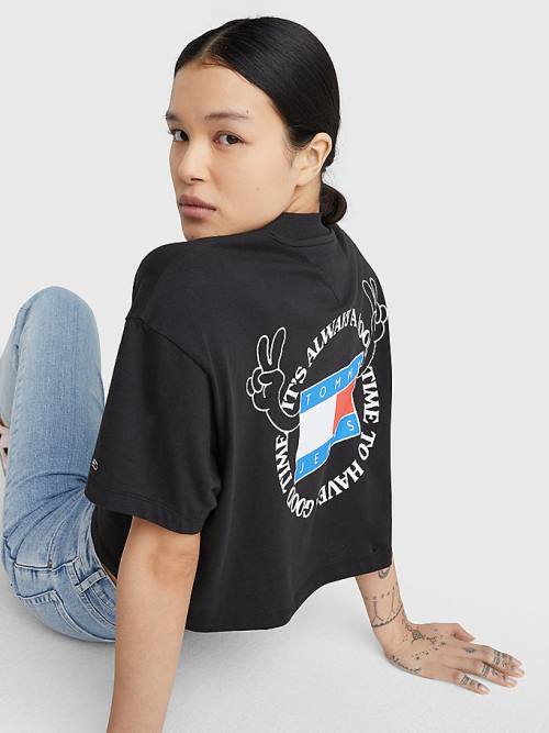 Black Tommy Hilfiger Oversized Cropped Slogan Women's T Shirts | TH465GBU