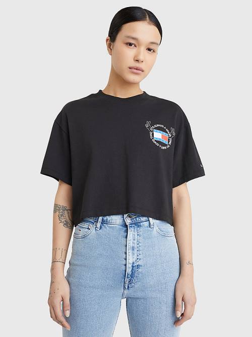 Black Tommy Hilfiger Oversized Cropped Slogan Women\'s T Shirts | TH465GBU