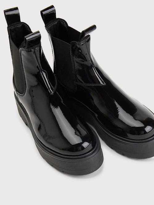 Black Tommy Hilfiger Patent Cleat Chelsea Women's Boots | TH640TMD