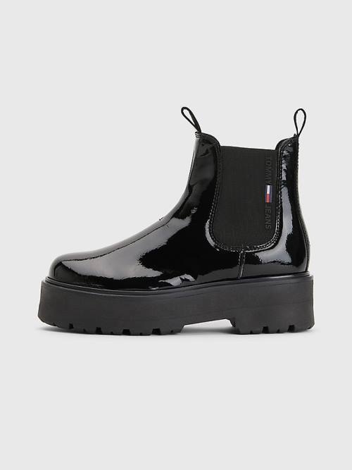 Black Tommy Hilfiger Patent Cleat Chelsea Women's Boots | TH640TMD