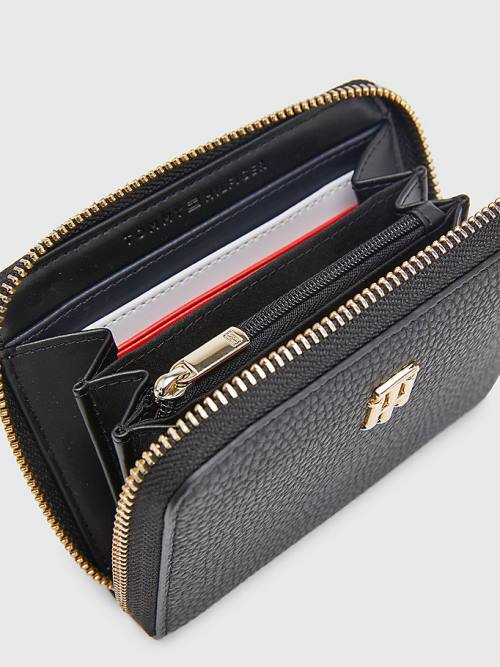 Black Tommy Hilfiger Pebble Grain Medium Zip-Around Women's Wallets | TH260ZUP