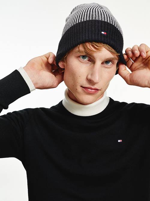 Black Tommy Hilfiger Pima Cotton Cashmere Double Stitch Beanie Men's Hats | TH036IED