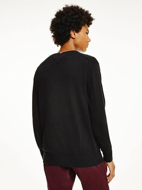 Black Tommy Hilfiger Pima Cotton Cashmere V-Neck Jumper Men's Sweaters | TH203AYB